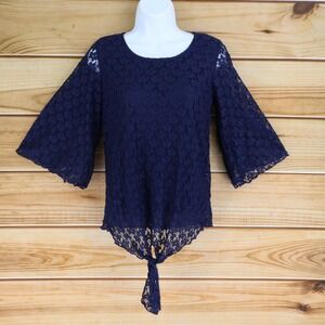 Star Vixen Blouse Womens Sz L Dark Blue Floral Lace Overlay 3/4 Bell Sleeves NWT